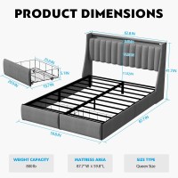 Queen Bed Frame With 2 Storage Drawers Platform Bed Frame Queen Size With Led Light Upholstered Headboard Charging Station S