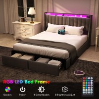 Queen Bed Frame With 2 Storage Drawers Platform Bed Frame Queen Size With Led Light Upholstered Headboard Charging Station S