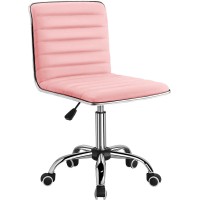 Furmax Mid Back Task Chair Low Back Leather Swivel Office Chair Computer Desk Chair Retro With Armless Ribbed Pink