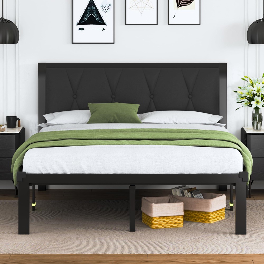 Feonase Queen Size Metal Bed Frame With Faux Leather Button Tufted Headboard Platform Bed Frame With Heavy Duty Metal Slats 12