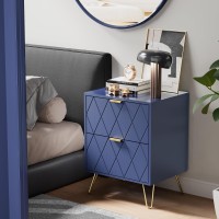 Anbuy Navy Blue Nightstand Bedside Table With 2 Spacious Drawers Night Stand Gold Legs End Side Table Double For Bedroom Livi