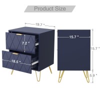 Anbuy Navy Blue Nightstand Bedside Table With 2 Spacious Drawers Night Stand Gold Legs End Side Table Double For Bedroom Livi