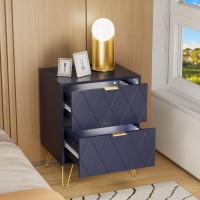 Anbuy Navy Blue Nightstand Bedside Table With 2 Spacious Drawers Night Stand Gold Legs End Side Table Double For Bedroom Livi