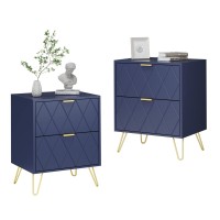 Anbuy Navy Blue Nightstand Set Of 2 Bedside Table With 2 Spacious Drawers Dual Night Stand Gold Legs End Side Table Double Fo