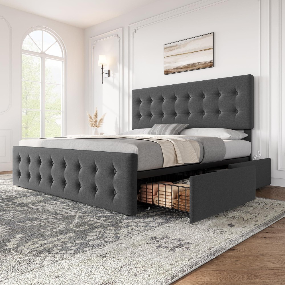 Idealhouse King Size Bed Frame With 4 Storage Drawers And Headboard Linen Upholstered Platform Bed Frame With Wooden Slats Supp