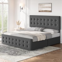 Idealhouse King Size Bed Frame With 4 Storage Drawers And Headboard Linen Upholstered Platform Bed Frame With Wooden Slats Supp