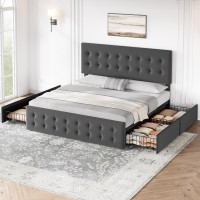 Idealhouse King Size Bed Frame With 4 Storage Drawers And Headboard Linen Upholstered Platform Bed Frame With Wooden Slats Supp