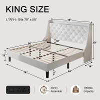 Einhomn Velvet King Size Bed Frame With Wingback Button Tufted Storage Headboard Upholstered Platform Bed With Typec Ports Wo