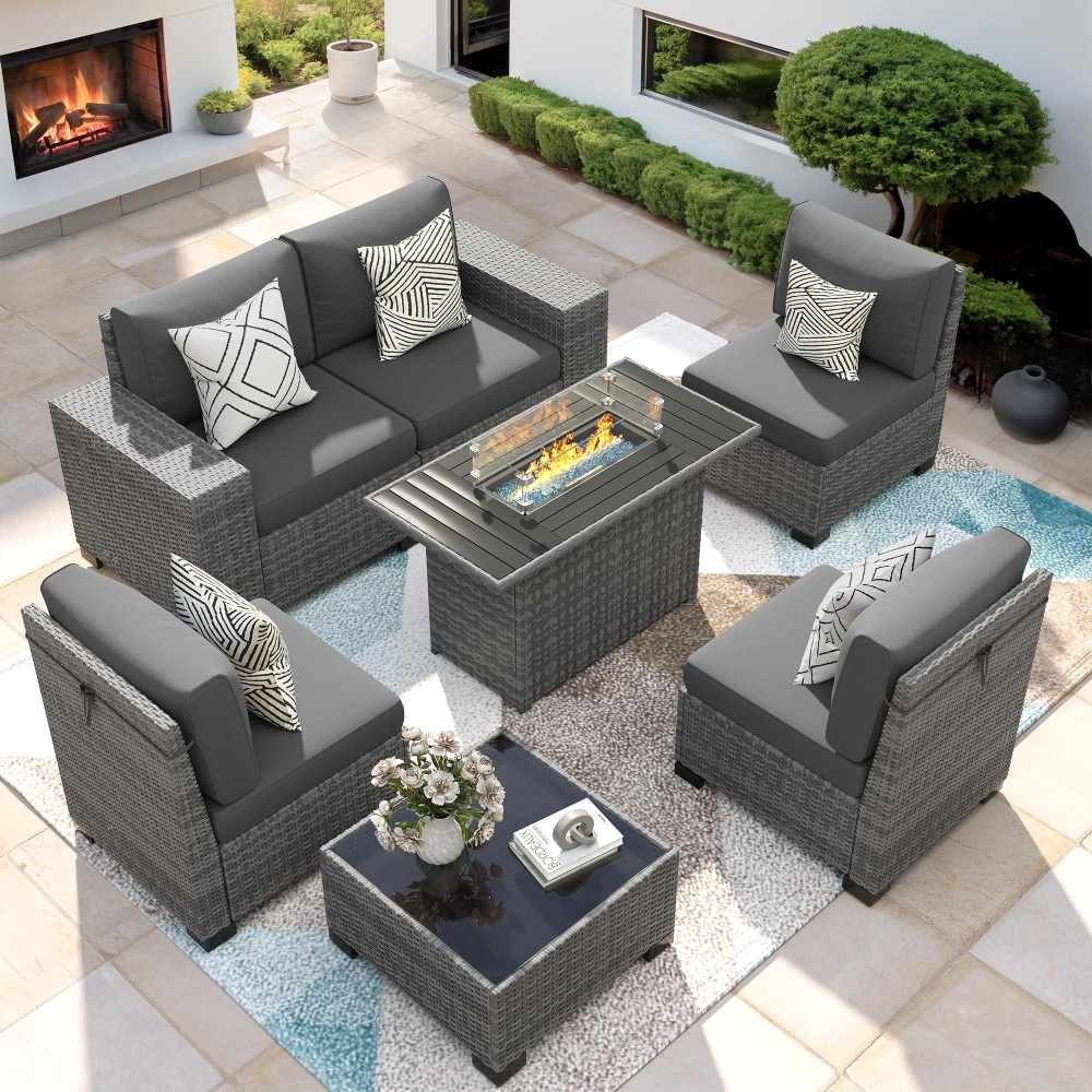 Vonzoy 7 Piece Patio Furniture Set With Fire Pit Table Outdoor Conversation Sets Wicker Rattan Sectional Sofa With Coffee Table