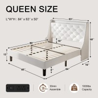 Einhomn Velvet Queen Size Bed Frame With Wingback Button Tufted Storage Headboard Upholstered Platform Bed With Typec Ports W