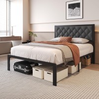 Fluest Full Bed Frame With Headboard Pu Leather Upholstered Bed Frame Platform All Metal Slats Support Platform Bed Frame With S