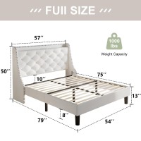 Feonase Full Size Bed Frame With Velvet Luxury Wingback Upholstered Button Tufted Storage Headboard Full Platform Bed With Char