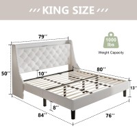 Feonase King Size Bed Frame With Velvet Luxury Wingback Upholstered Button Tufted Storage Headboard King Platform Bed With Char