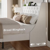 Feonase King Size Bed Frame With Velvet Luxury Wingback Upholstered Button Tufted Storage Headboard King Platform Bed With Char