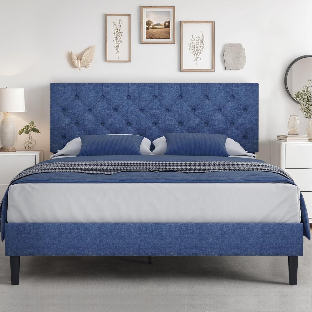 Hombck Bed Frame Queen Size With Headboard Queen Bed Frame Upholstered Platform Bed With Fabric Headboard Wood Slats Support