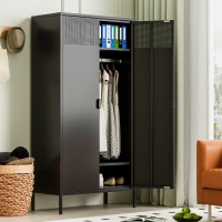 Ustamio 71 Inches Black Metal Wardrobe Cabinet With Hanging Rod Metal Armoire Wardrobe Closet With Doors For Bedroom Office L