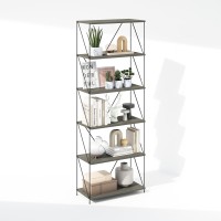 Furinno Wire 6Tier Industrial Style Metal Frame Bookcase Display Shelf 24 Wide Finn Oak