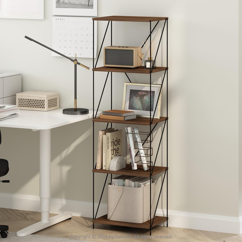 Furinno Wire 5Tier Industrial Style Metal Frame Bookcase Display Shelf 16 Wide Walnut Cove