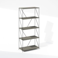 Furinno Wire 5Tier Industrial Style Metal Frame Bookcase Display Shelf 24 Wide Finn Oak