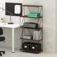 Furinno Wire 5Tier Industrial Style Metal Frame Bookcase Display Shelf 24 Wide Walnut Cove