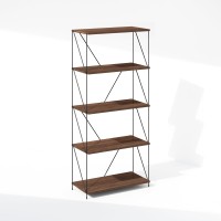 Furinno Wire 5Tier Industrial Style Metal Frame Bookcase Display Shelf 24 Wide Walnut Cove