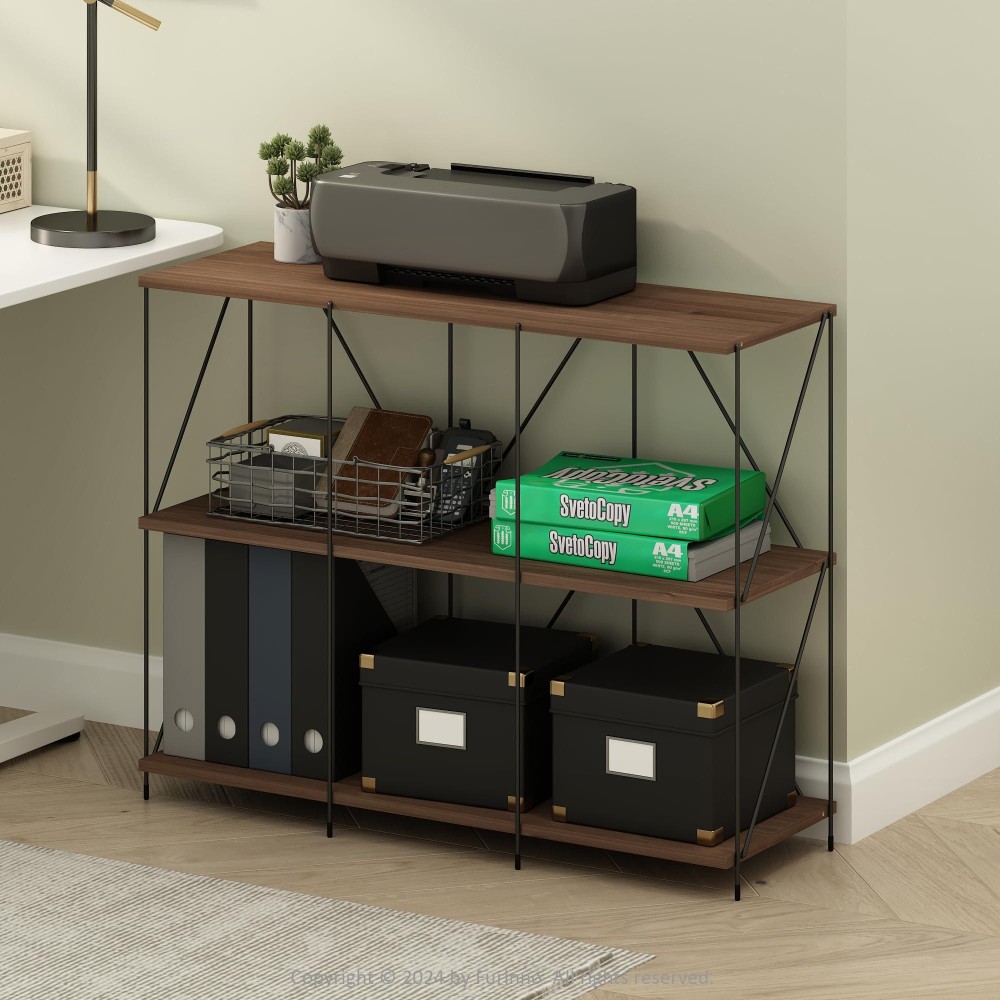 Furinno Wire 3Tier Industrial Style Metal Frame Bookcase Display Shelf 35 Wide Walnut Cove