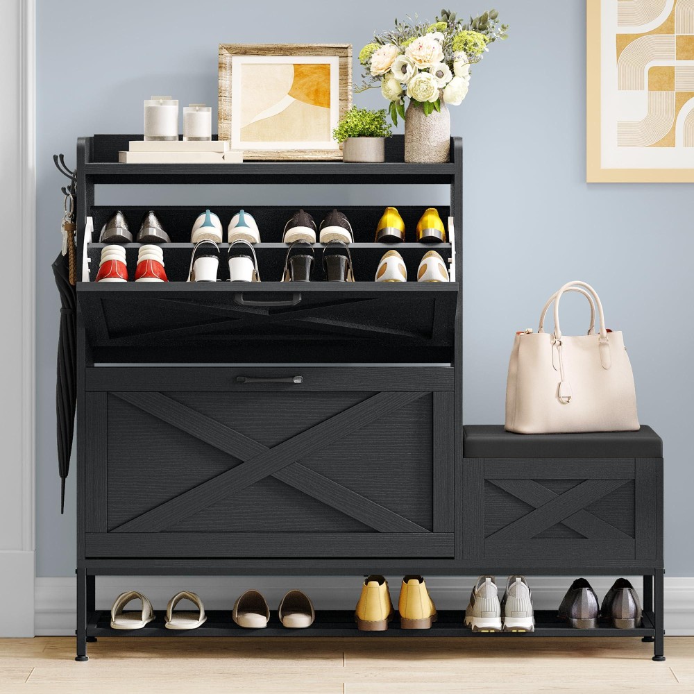 Dwvo Farmhouse Shoe Storage Cabinet With 2 Flip Drawers For 16 Pairs Entryway Shoe Storage With Shoe Bench Narrow Slim Shoe Ca