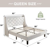 Feonase Velvet Queen Bed Frame With Luxury Wingback And Fast Charging Station Upholstered Button Tufted Storage Headboard Platfo