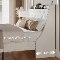 Feonase Velvet Queen Bed Frame With Luxury Wingback And Fast Charging Station Upholstered Button Tufted Storage Headboard Platfo