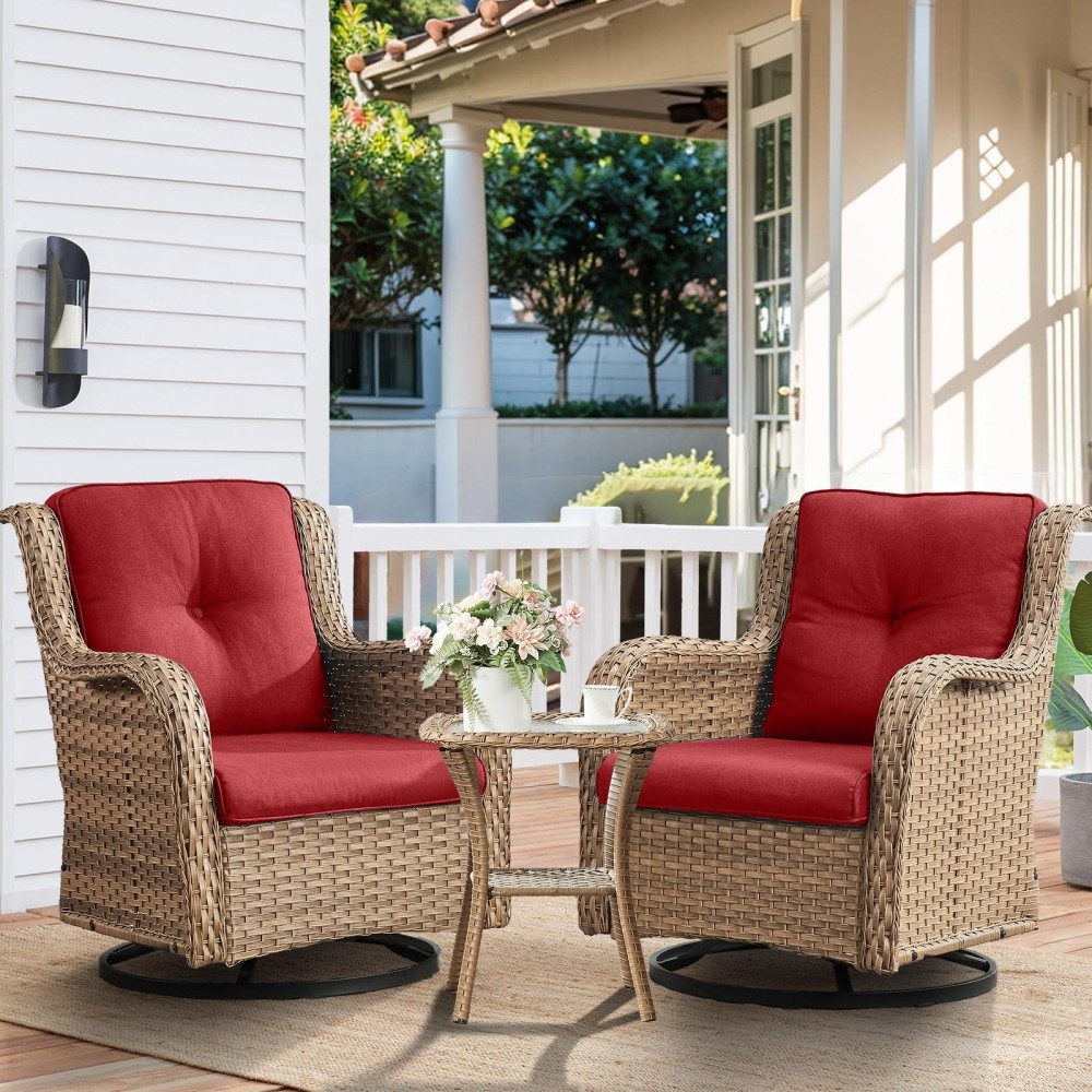 Hummuh 3Piece Swivel Rocking Rattan Chair Outdoor Patio Bistro Furniture Conversation Set Cushioned Wicker Chair With Glass C