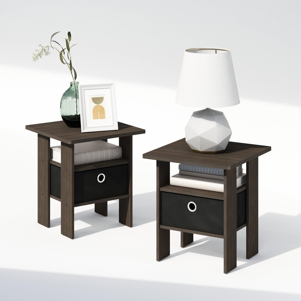 Furinno Tidur Bedside Table Nightstand With Bin Drawer Dark Brownblack Set Of 2