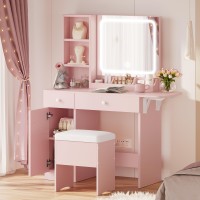 Ironck Vanity Desk With Led Lighted Mirror Power Outlet Makeup Table With Drawers Cabinet Storage Stool For Bedroom Pink