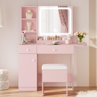 Ironck Vanity Desk With Led Lighted Mirror Power Outlet Makeup Table With Drawers Cabinet Storage Stool For Bedroom Pink