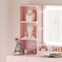 Ironck Vanity Desk With Led Lighted Mirror Power Outlet Makeup Table With Drawers Cabinet Storage Stool For Bedroom Pink