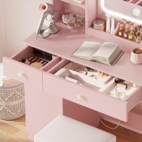 Ironck Vanity Desk With Led Lighted Mirror Power Outlet Makeup Table With Drawers Cabinet Storage Stool For Bedroom Pink