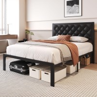 Fluest Full Bed Frame With Headboard Pu Leather Upholstered Bed Frame Platform All Metal Slats Support Platform Bed Frame With S