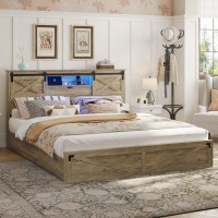 Hasuit Farmhouse Bed Frame California King Size With Led Lights And Charging Station Wooden Cal King Bed With 2 Storage Drawers