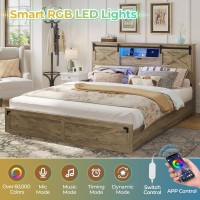 Hasuit Farmhouse Bed Frame California King Size With Led Lights And Charging Station Wooden Cal King Bed With 2 Storage Drawers