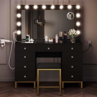 Dwvo Makeup Vanity Desk With Led Lighted Mirror Black Vanity Set With Charger Station Small Spaces Vanity Table For Bedroom A