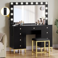 Dwvo Makeup Vanity Desk With Led Lighted Mirror Black Vanity Set With Charger Station Small Spaces Vanity Table For Bedroom A