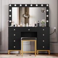 Dwvo Makeup Vanity Desk With Led Lighted Mirror Black Vanity Set With Charger Station Small Spaces Vanity Table For Bedroom A