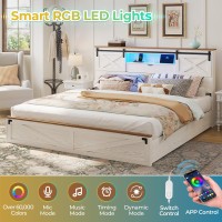 Hasuit Farmhouse Bed Frame King Size With Led Lights And Charging Station Wooden King Bed With 2 Storage Drawers Rustic Headbo