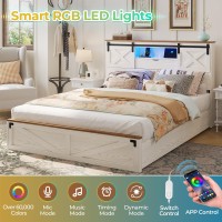 Hasuit Farmhouse Bed Frame Queen Size With Led Lights And Charging Station Wooden Queen Bed With 2 Storage Drawers Rustic Head