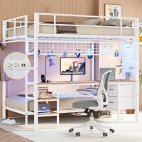 Dictac Full Over Twin Size Bunk Bed With Desk And Led Lights Metal Loft Bed Frame With Charging Station Storage Shelves And Draw