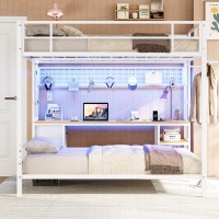 Dictac Full Over Twin Size Bunk Bed With Desk And Led Lights Metal Loft Bed Frame With Charging Station Storage Shelves And Draw