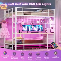 Dictac Full Over Twin Size Bunk Bed With Desk And Led Lights Metal Loft Bed Frame With Charging Station Storage Shelves And Draw