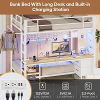 Dictac Full Over Twin Size Bunk Bed With Desk And Led Lights Metal Loft Bed Frame With Charging Station Storage Shelves And Draw