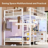 Dictac Full Over Twin Size Bunk Bed With Desk And Led Lights Metal Loft Bed Frame With Charging Station Storage Shelves And Draw