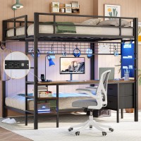 Dictac Full Size Over Twin Bunk Bed With Desk And Charging Station Metal Full Over Twin Loft Bed With Led Lights Storage Shelv