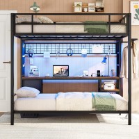 Dictac Full Size Over Twin Bunk Bed With Desk And Charging Station Metal Full Over Twin Loft Bed With Led Lights Storage Shelv